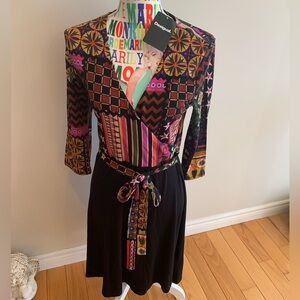 NWT Desigual Black Multicolor Patterned Midi Dress